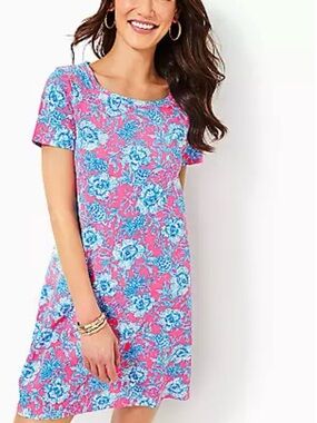 Lilly Pulitzer Pink Dress with Blue Floral & Pineapple Print tshirt material.